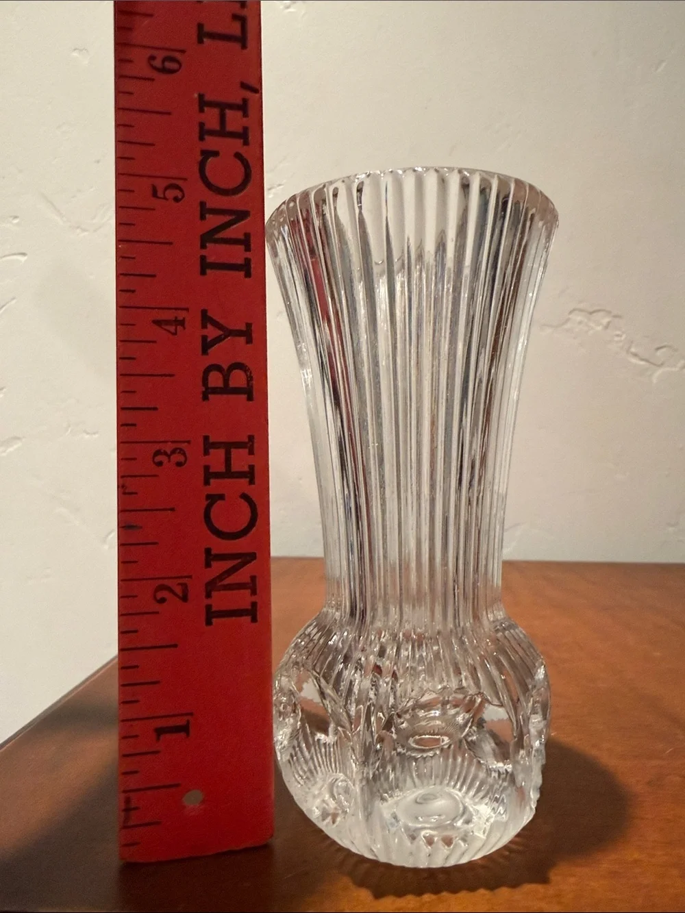 Vintage Pair Clear Glass Optic Ribbed Glass Bud Vases 4.75” Flared Trumpet